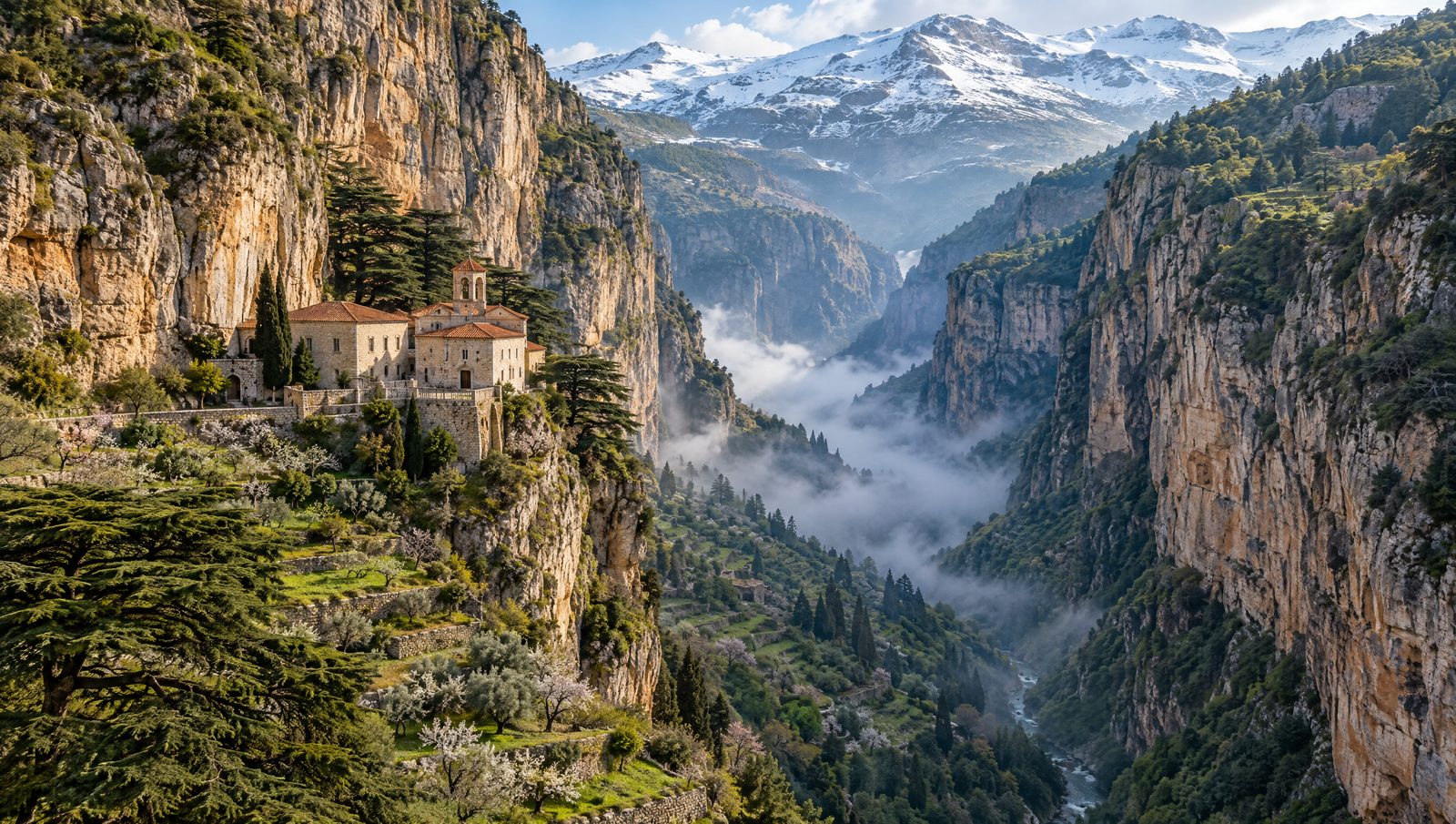 The deep limestone gorge of the Qadisha Valley in Lebanon with a small monastery on a ledge, terraced orchards and mist below