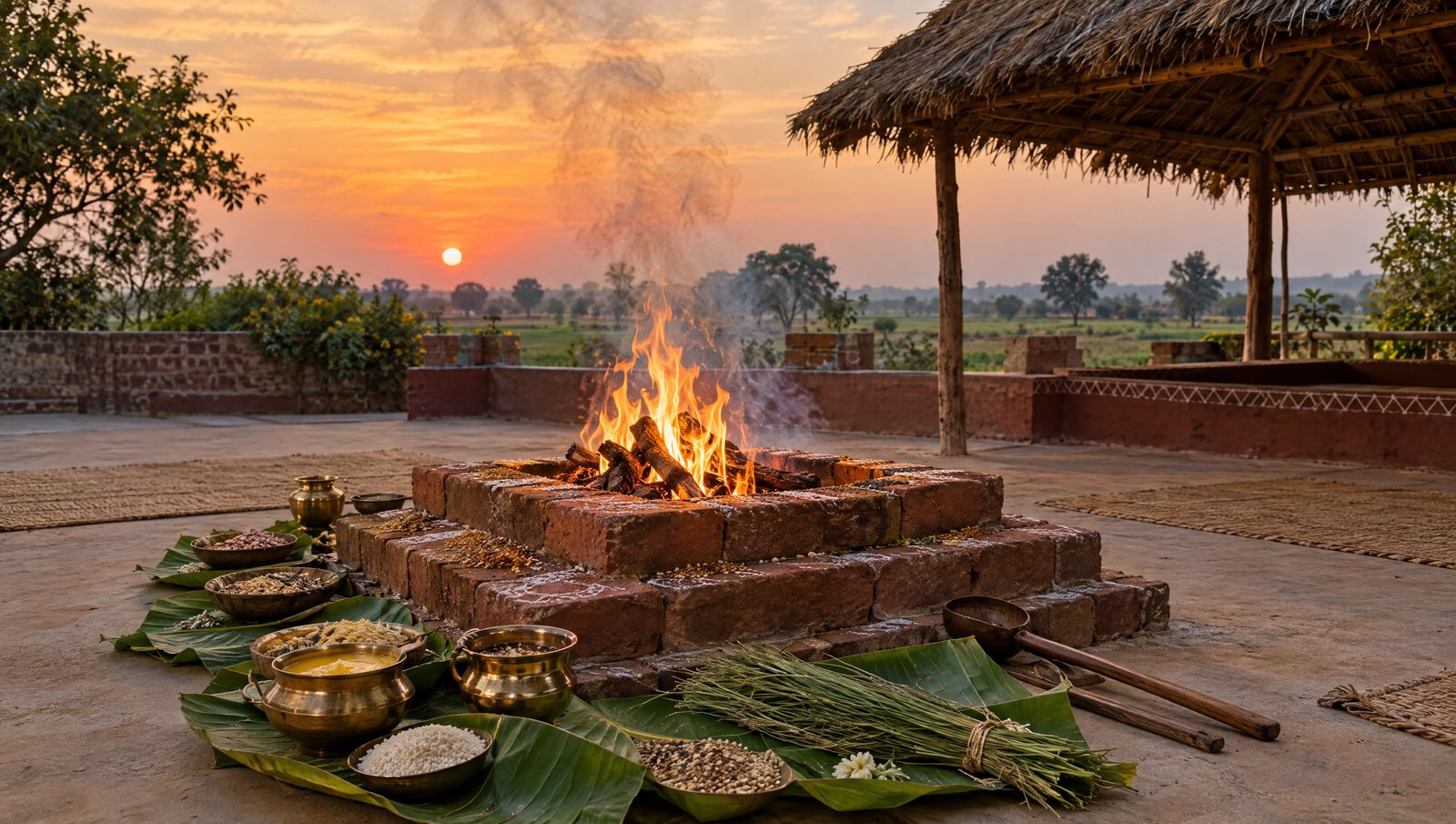 A brick Vedic fire altar with flames burning, offerings of grain and ghee on banana leaves and wooden ladles beside it at dusk