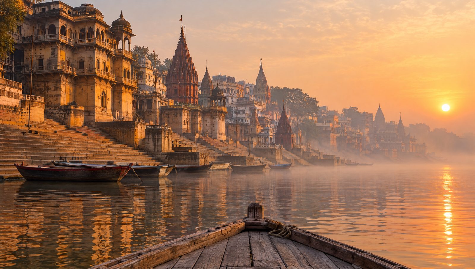 The stone ghats and old palaces of Varanasi on the Ganges at sunrise, seen from a wooden boat in golden mist